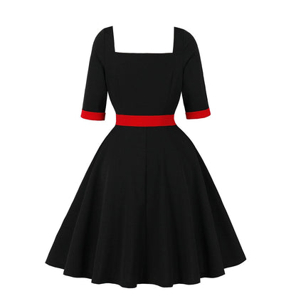 Women's 1950s Contrast Sweetheart Neck Half Sleeve A-Line Dress