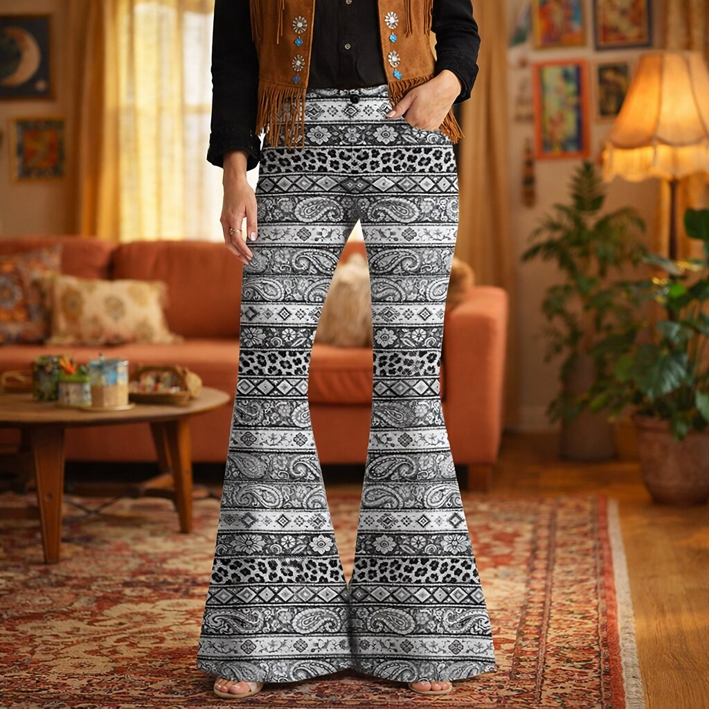 Retro 70s Boho Paisley Geometric High Waist Wide Flared Trousers