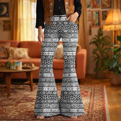 Retro 70s Boho Paisley Geometric High Waist Wide Flared Trousers