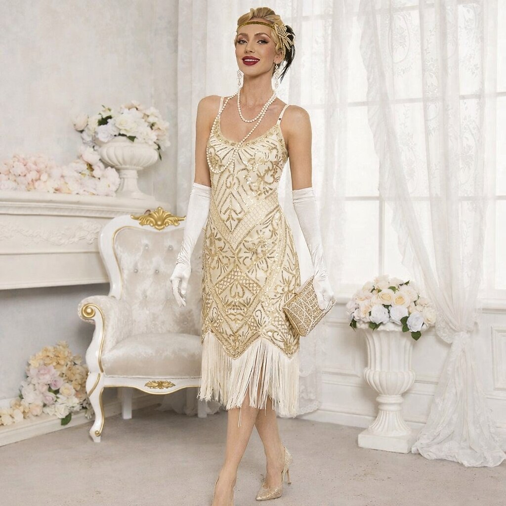 Gold Beaded Flapper Dress with Art Deco Design
