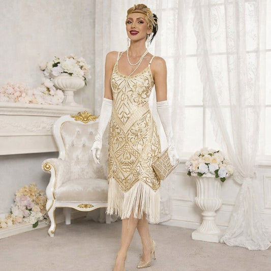 Gold Beaded Flapper Dress with Art Deco Design