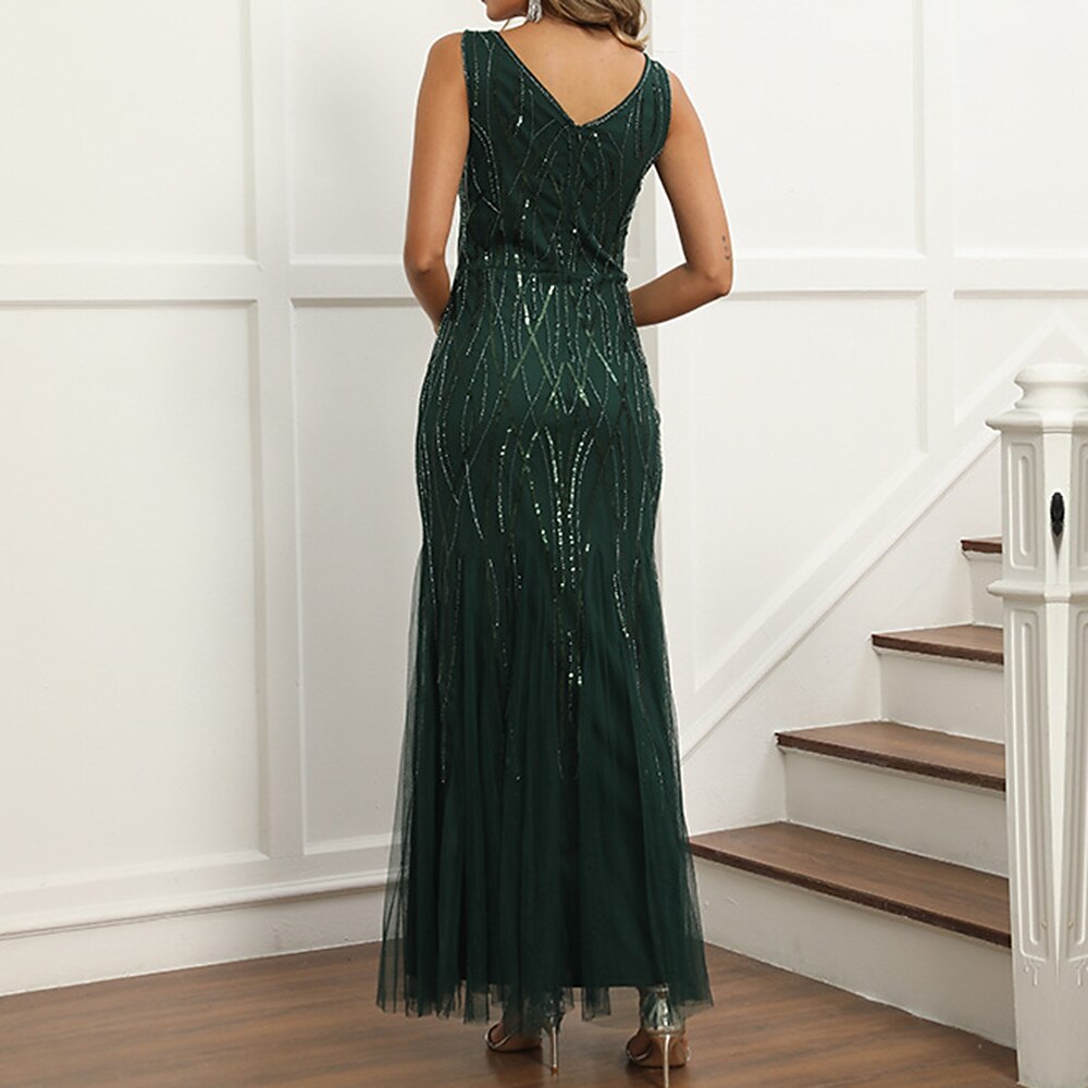 Art Deco V-Neck Sequin Evening Gown