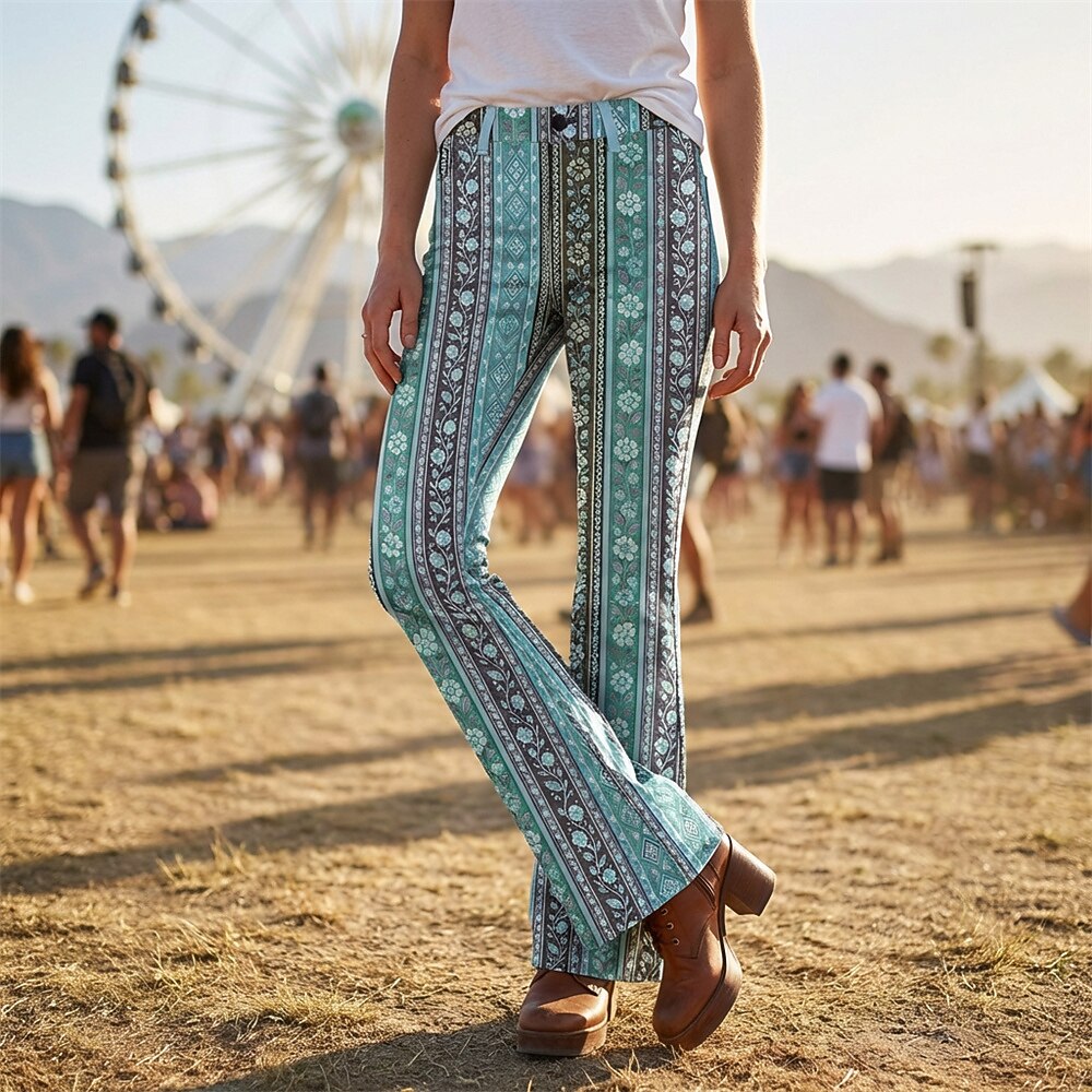 Retro 70s Striped Floral High Waist Wide Flared Trousers