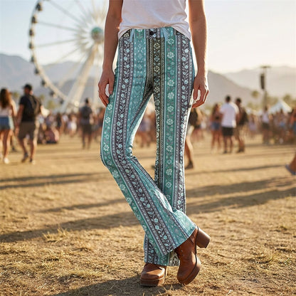 Retro 70s Striped Floral High Waist Wide Flared Trousers