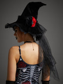 Spitzer Halloween-Hexenhut mit rotem Rosenschleier für Damen