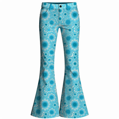 Retro 70s Geometric Floral High Waist Wide Flared Trousers