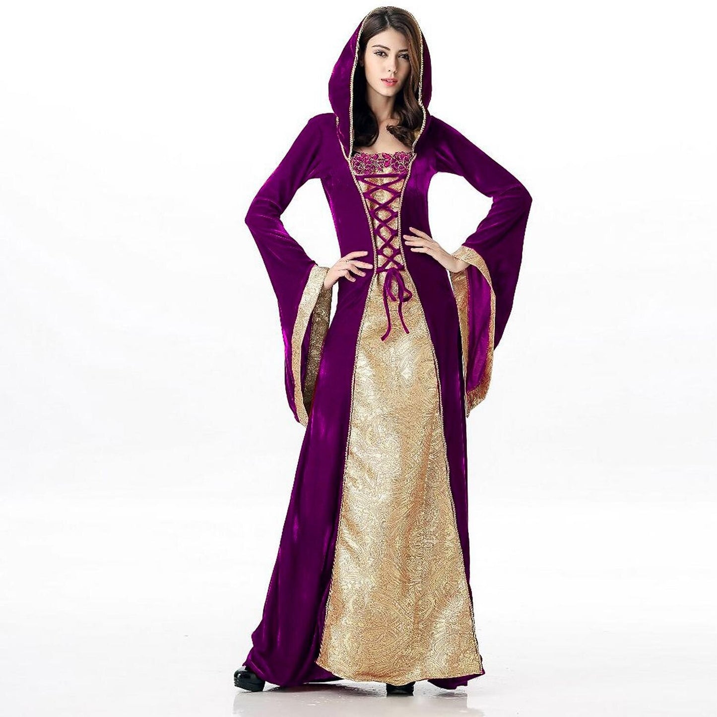 Medieval Lace-Up Hooded Velvet Gown