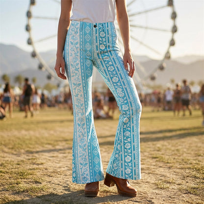 Retro 70s Ethnic Floral Striped High Waist Wide Flared Trousers