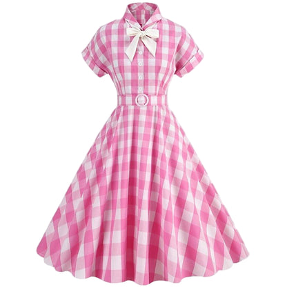 Women's 1950s Gingham Plaid Bow Tie Collar Swing Dress