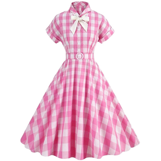 Women's 1950s Gingham Plaid Bow Tie Collar Swing Dress