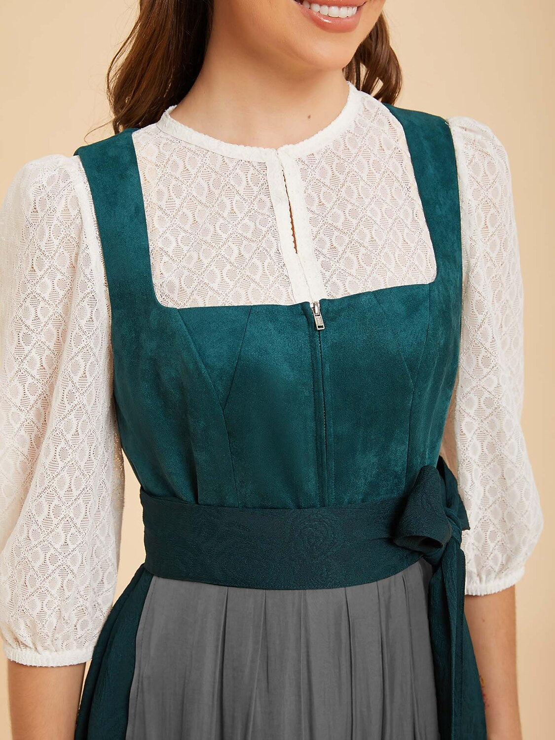 Women’s Oktoberfest Teal Green Midi Dirndl Dress with Satin Apron