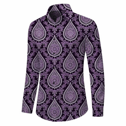 Retro 70S Vintage Purple Paisley Pattern Long Sleeves Collar Shirt