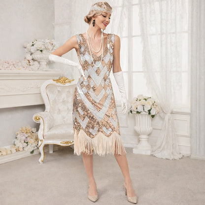 Sequin Chevron Flapper Dress with Vintage Glam