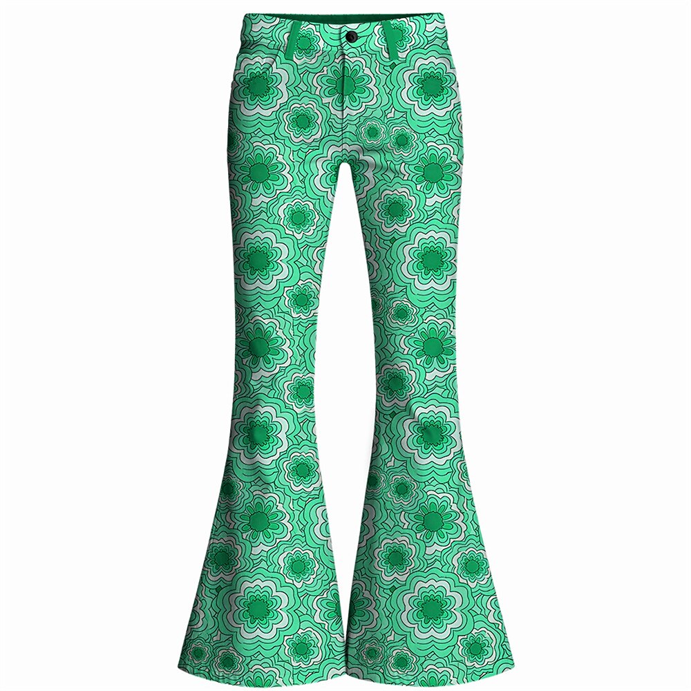 Retro 70s Geometric Floral High Waist Wide Flared Trousers