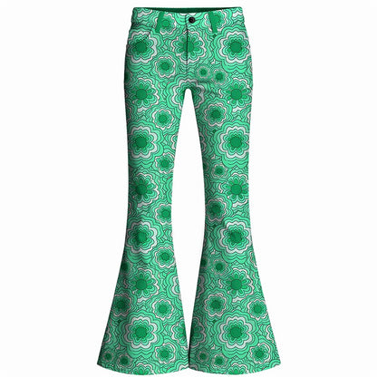 Retro 70s Geometric Floral High Waist Wide Flared Trousers