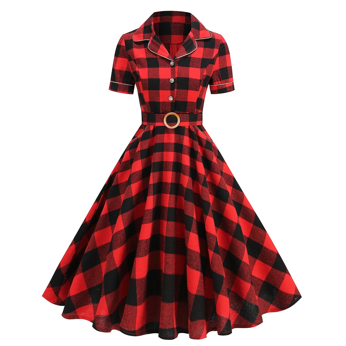 Women's 1950s Plaid Lapel Collar Swing Dress
