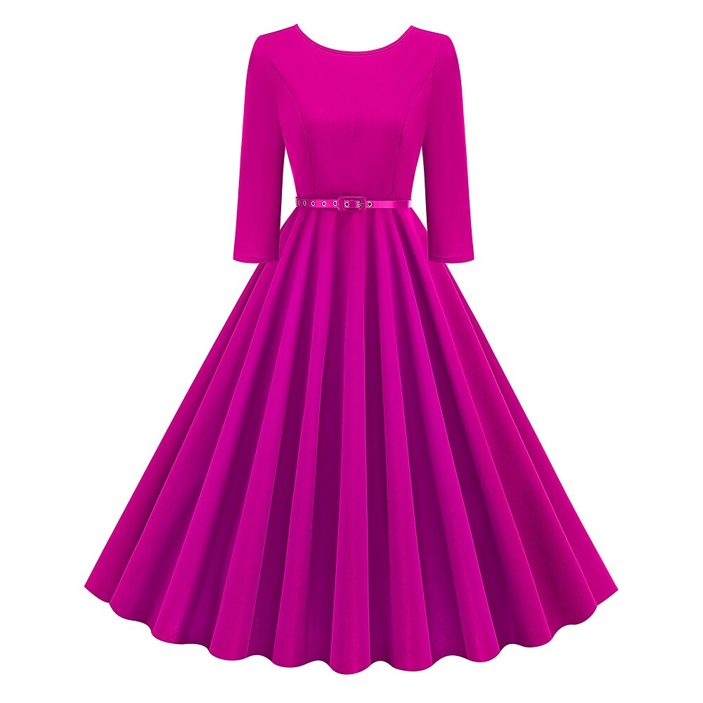 Women's 1950s Solid Color Round Neck 3/4 Sleeve Flare Dress