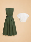 Forest Green Oktoberfest Dirndl & White Eyelet Lace Blouse Set