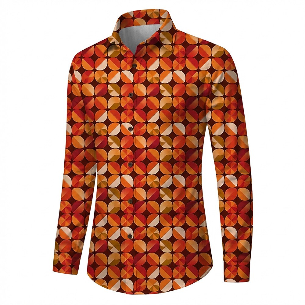 Retro 70S Geometric Citrus Slice Pattern Long Sleeves Collar Shirt