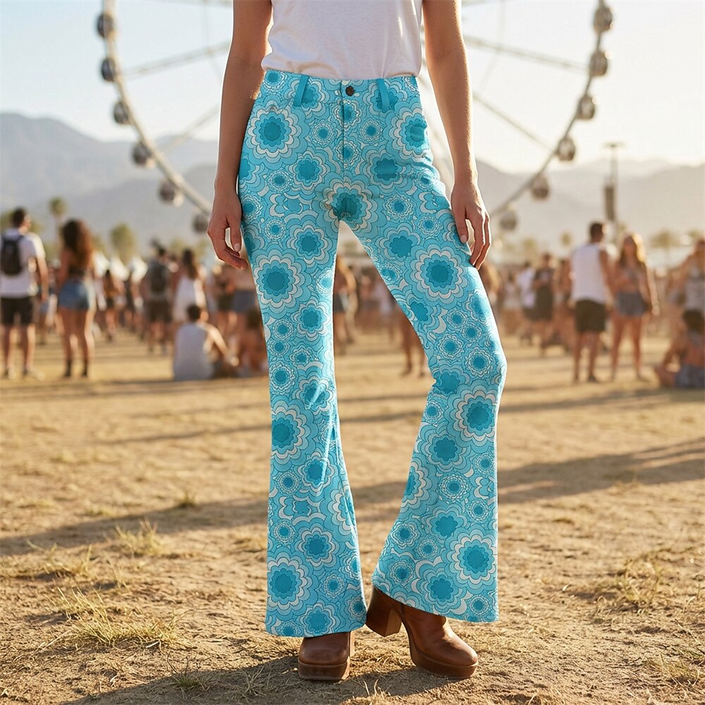 Retro 70s Geometric Floral High Waist Wide Flared Trousers