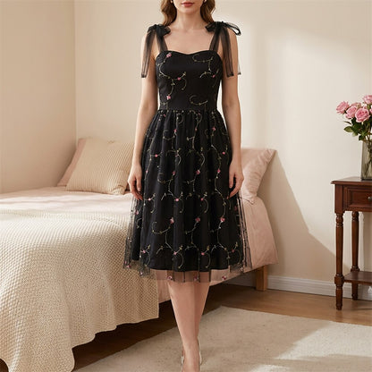 Embroidered Tie Strap Midi Dress