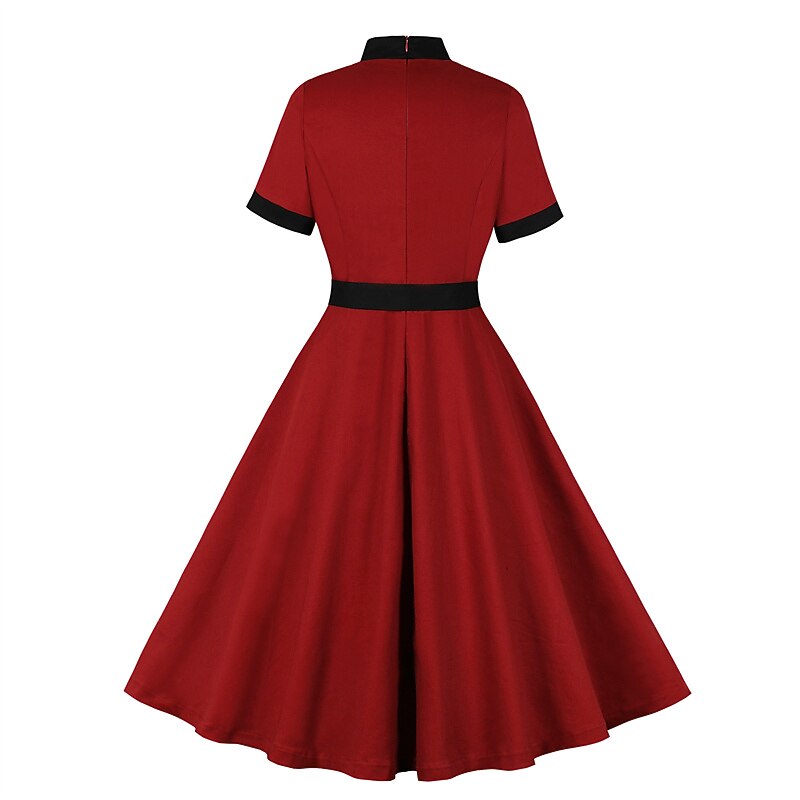 Women's 1950s Red Bow Tie Neck Short Sleeve Swing Dress