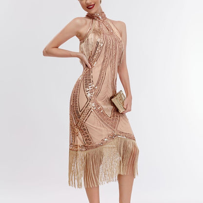 Apricot Art Deco Fringe Trim Flapper Dress