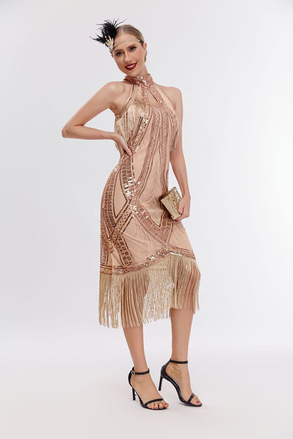 Halter Neck Sequin Flapper  Dress with Geometric Design