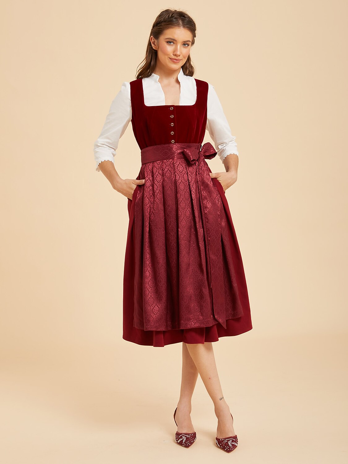 Premium Women’s Oktoberfest Burgundy Midi Dirndl Dress with Jacquard Apron
