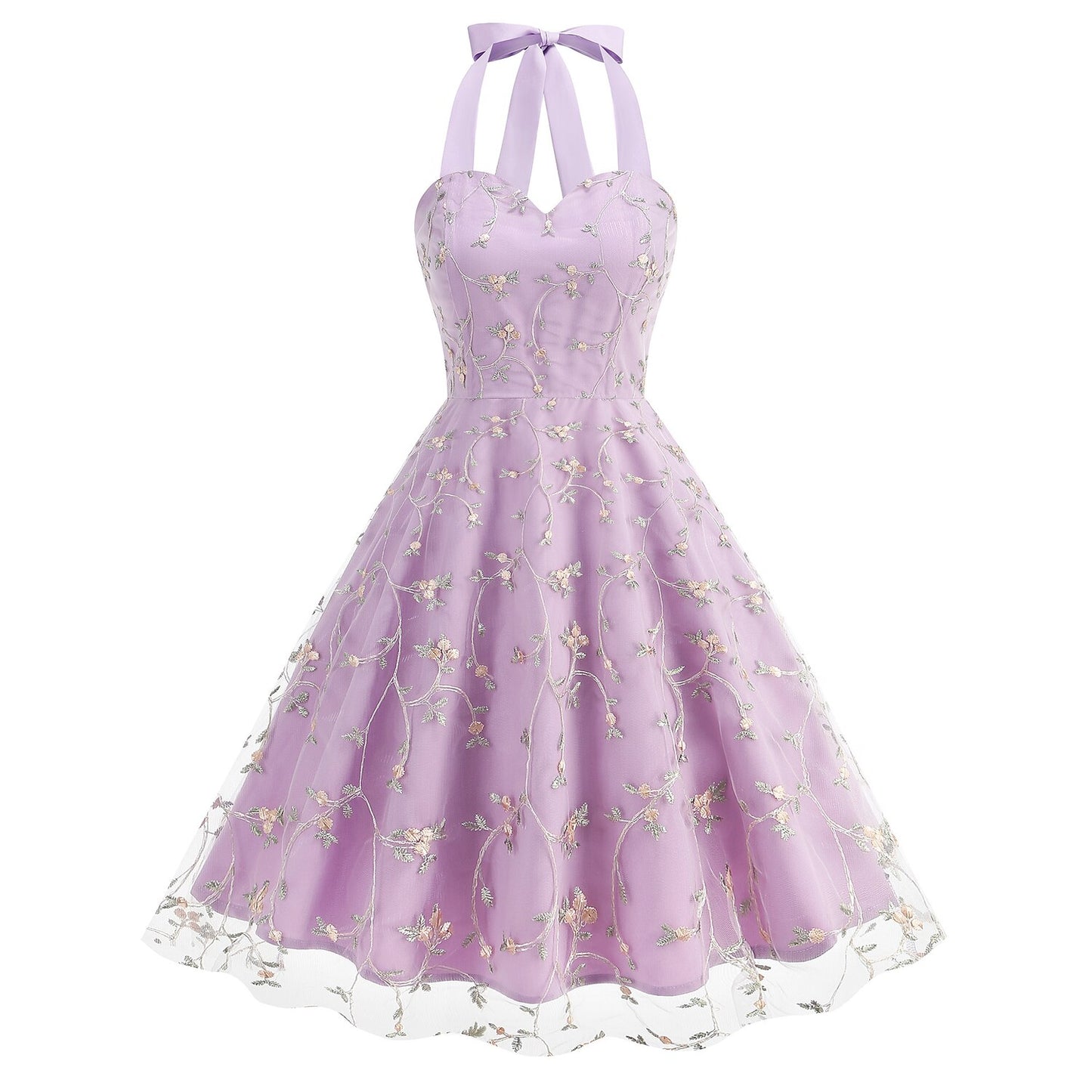 Floral Embroidered Halter Midi Dress