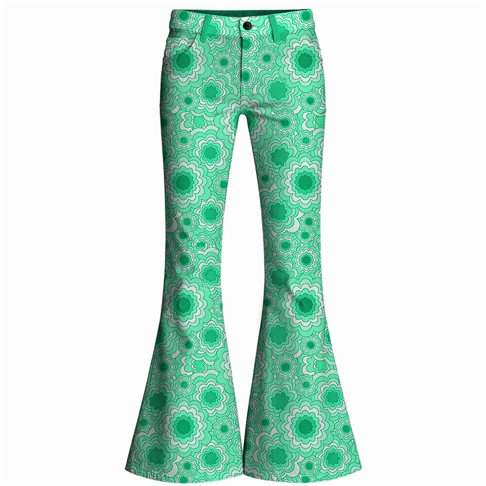 Retro 70s Geometric Floral High Waist Wide Flared Trousers