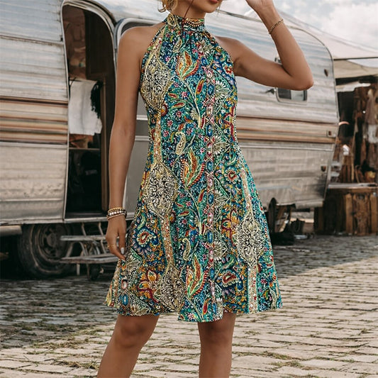 Retro 70s Bohemian Paisley Halter Neck A-line Dress
