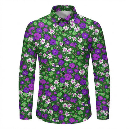 Retro 70S Vintage Floral Daisy Poppy Pattern Long Sleeves Collar Shirt