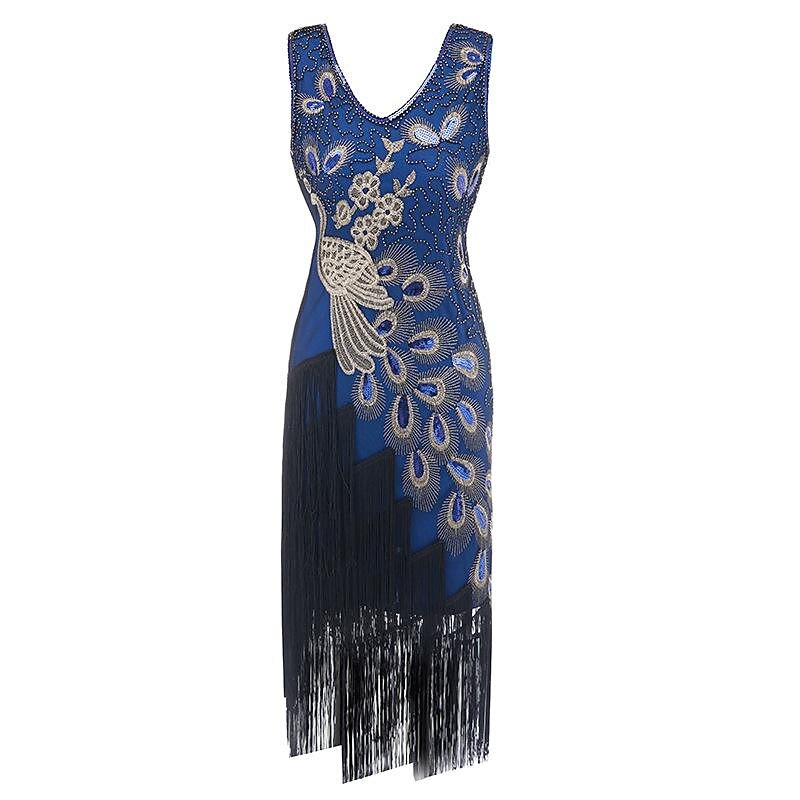 Irregular Tassel Peacock Flapper Dress with ACCs