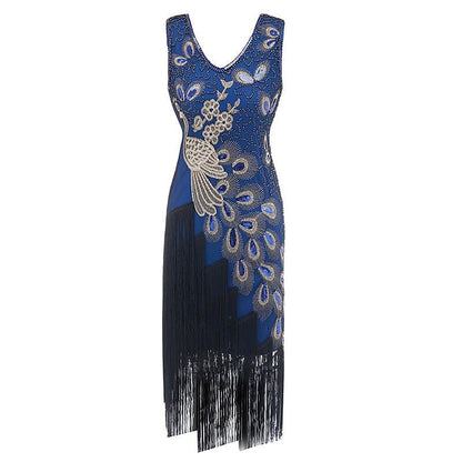 Irregular Tassel Peacock Flapper Dress with ACCs
