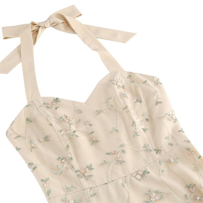 Floral Embroidered Halter Midi Dress