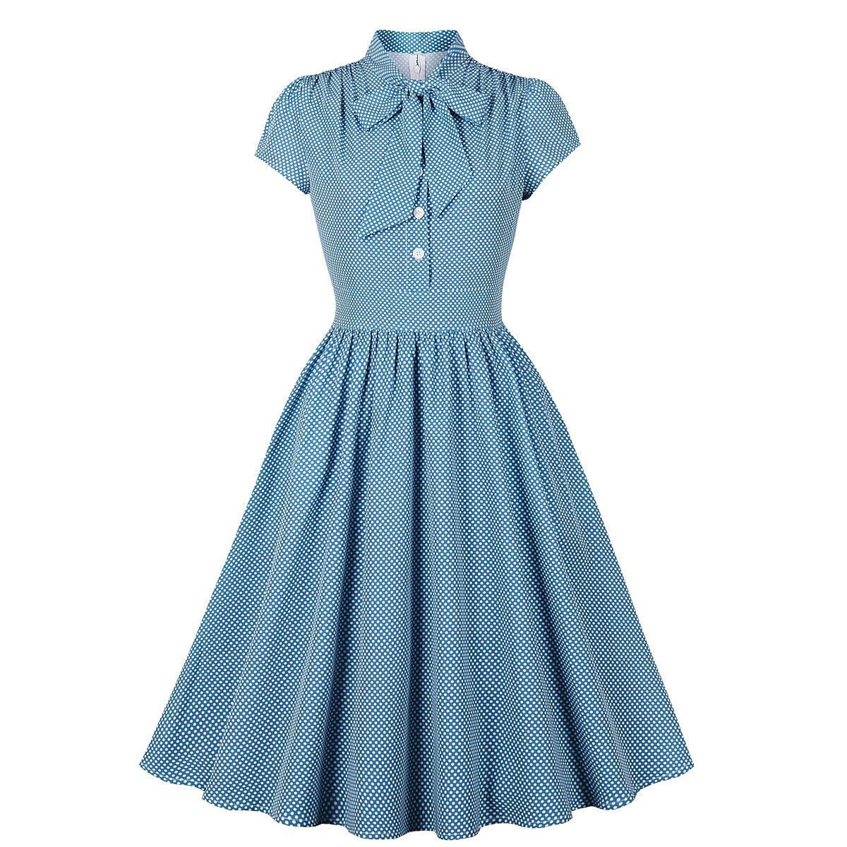 Women's 1950s Polka Dot Cap Sleeve Tie Collar Fit and Flare A-Line Dress