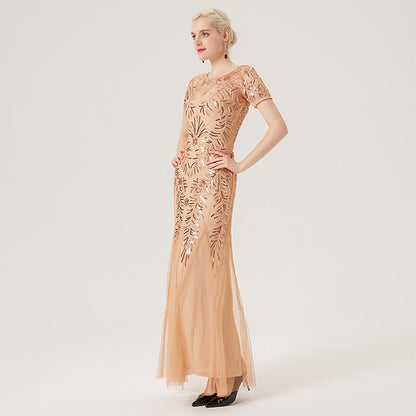 Short Sleeve Sequin Embellished Mesh Gown