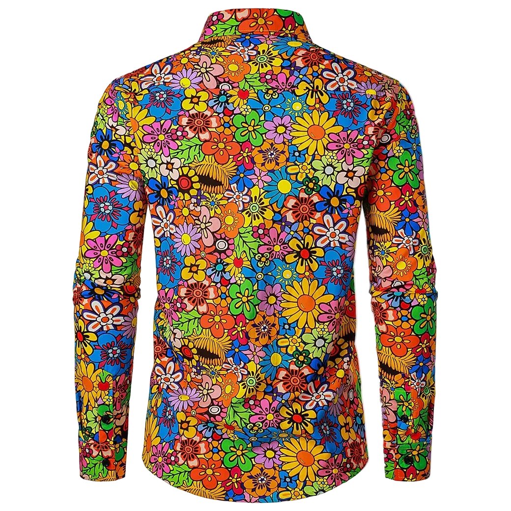 Retro 70S Psychedelic All-Over Floral Print Long Sleeves Collar Shirt