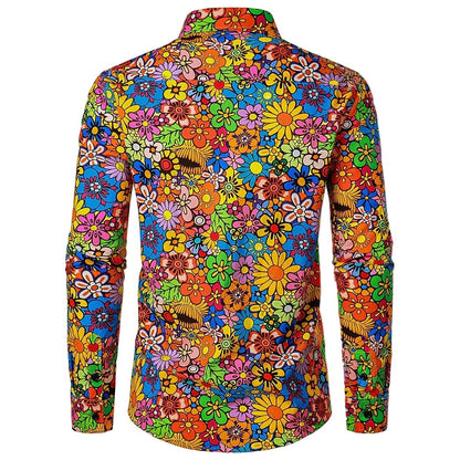 Retro 70S Psychedelic All-Over Floral Print Long Sleeves Collar Shirt