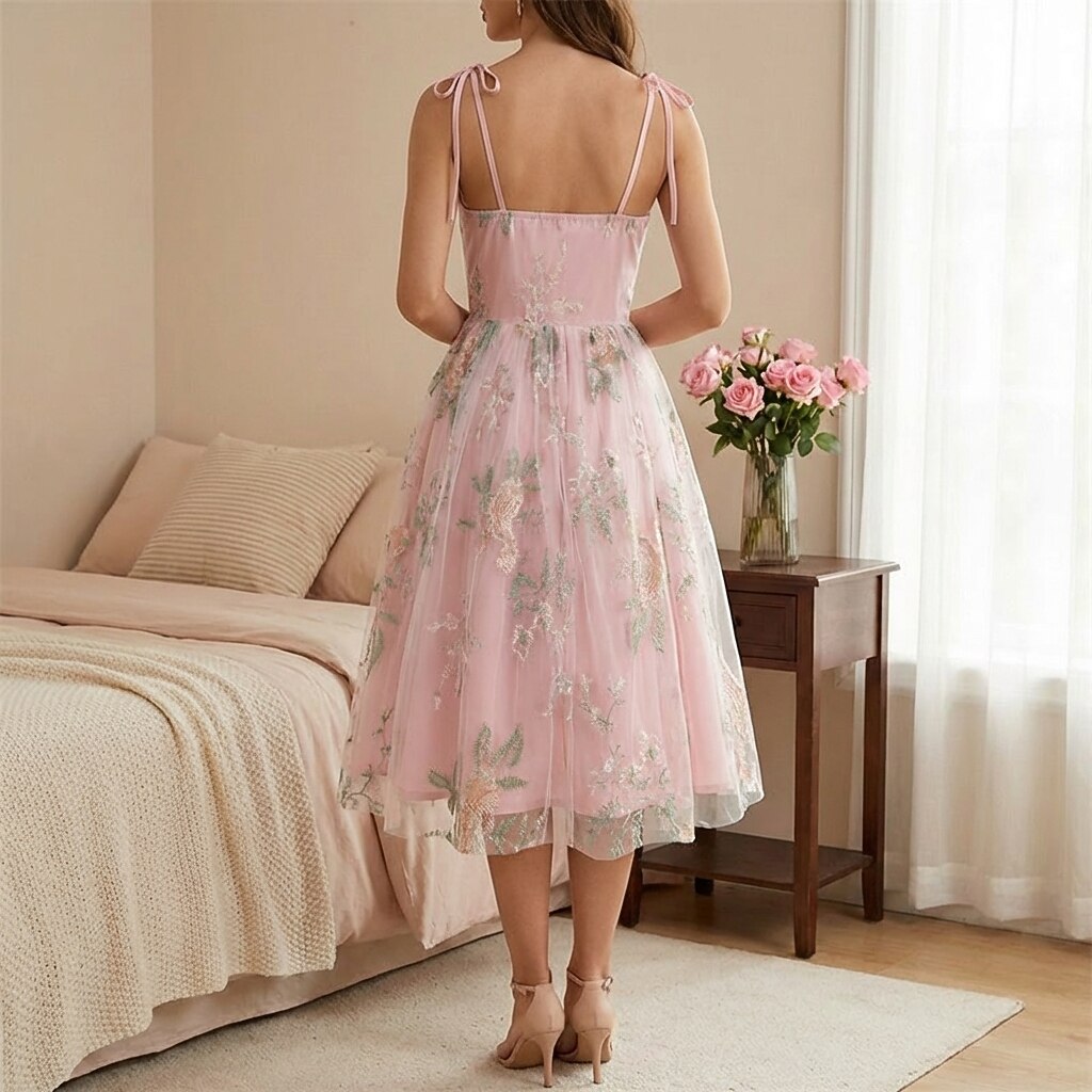 Floral Embroidered Sweetheart Midi Dress