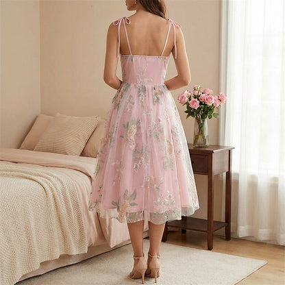 Floral Embroidered Sweetheart Midi Dress