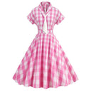 Gingham Plaid Bow Collar Midi Dress