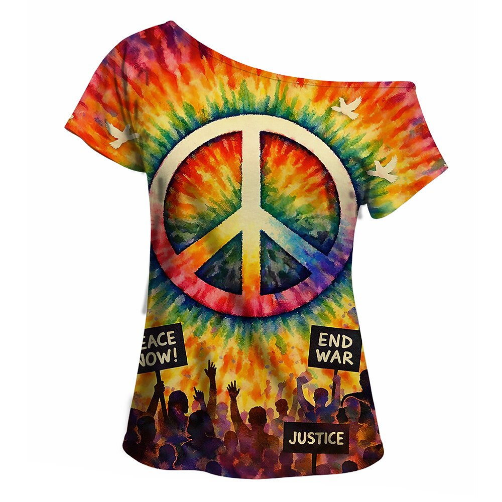 Retro 70s Peace Symbol Tie-Dye One Shoulder Short Sleeves T-shirt