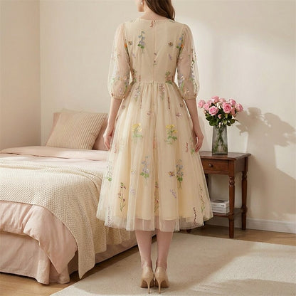 Floral Embroidered V-Neck Midi Dress