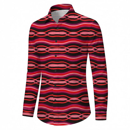 Retro 70S Wavy Geometric Stripe Pattern Long Sleeves Collar Shirt