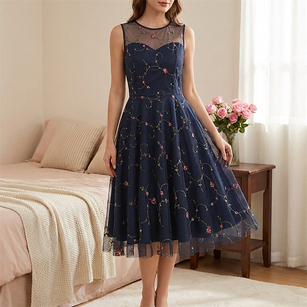 Embroidered Floral Tulle Midi Dress
