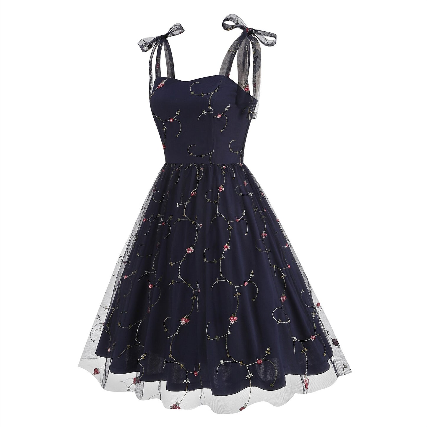 Embroidered Tie Strap Midi Dress