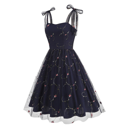 Embroidered Tie Strap Midi Dress