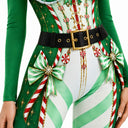 Women's Green Candy Cane Flared Christmas Bodysuit